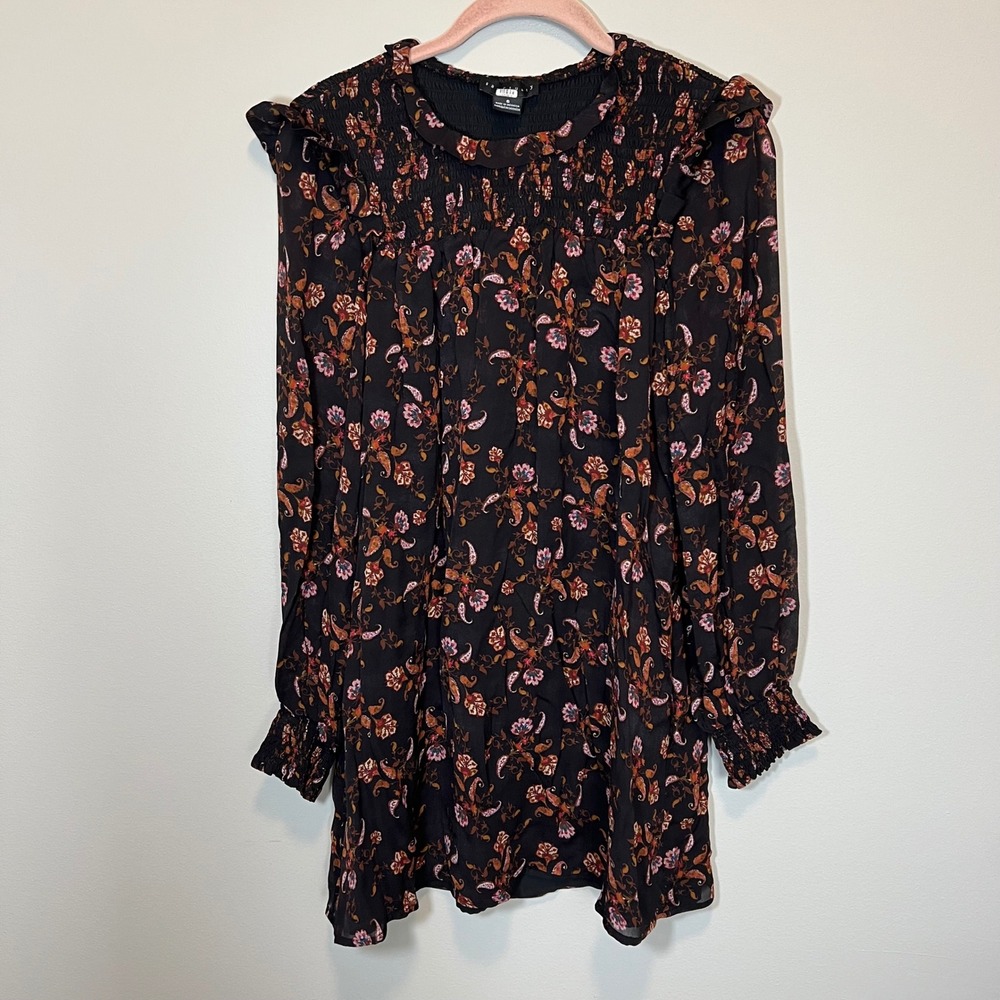 Sanctuary Women's Smocked Floral Paisley Mini Dress Black Long Sleeve 6